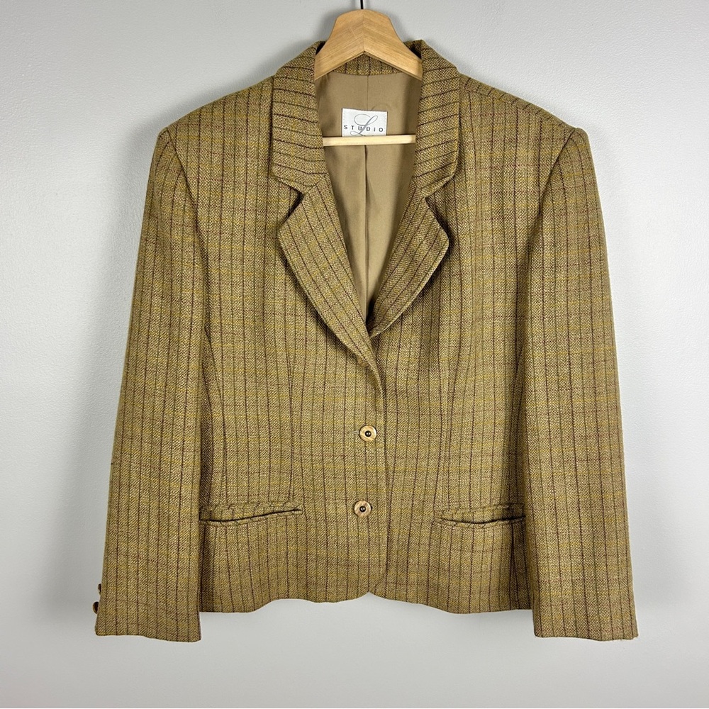 VINTAGE Lambswool Tweed Pinstripe Blazer Size Large Golden Brown Fall Autumn‎